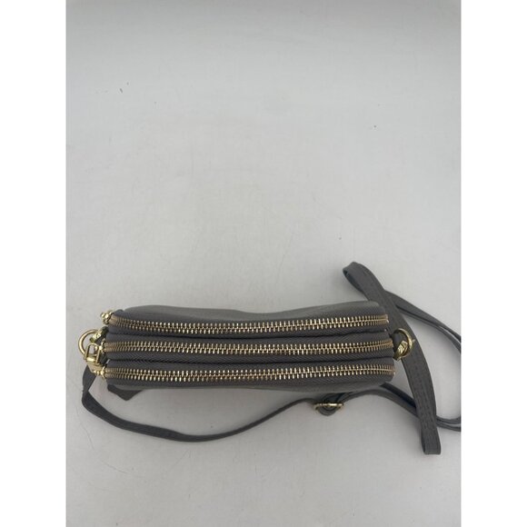 Brown Faux Leather Crossbody Bag With Gold Double Zippers Antler Logo 8x5 in - Picture 6 of 12